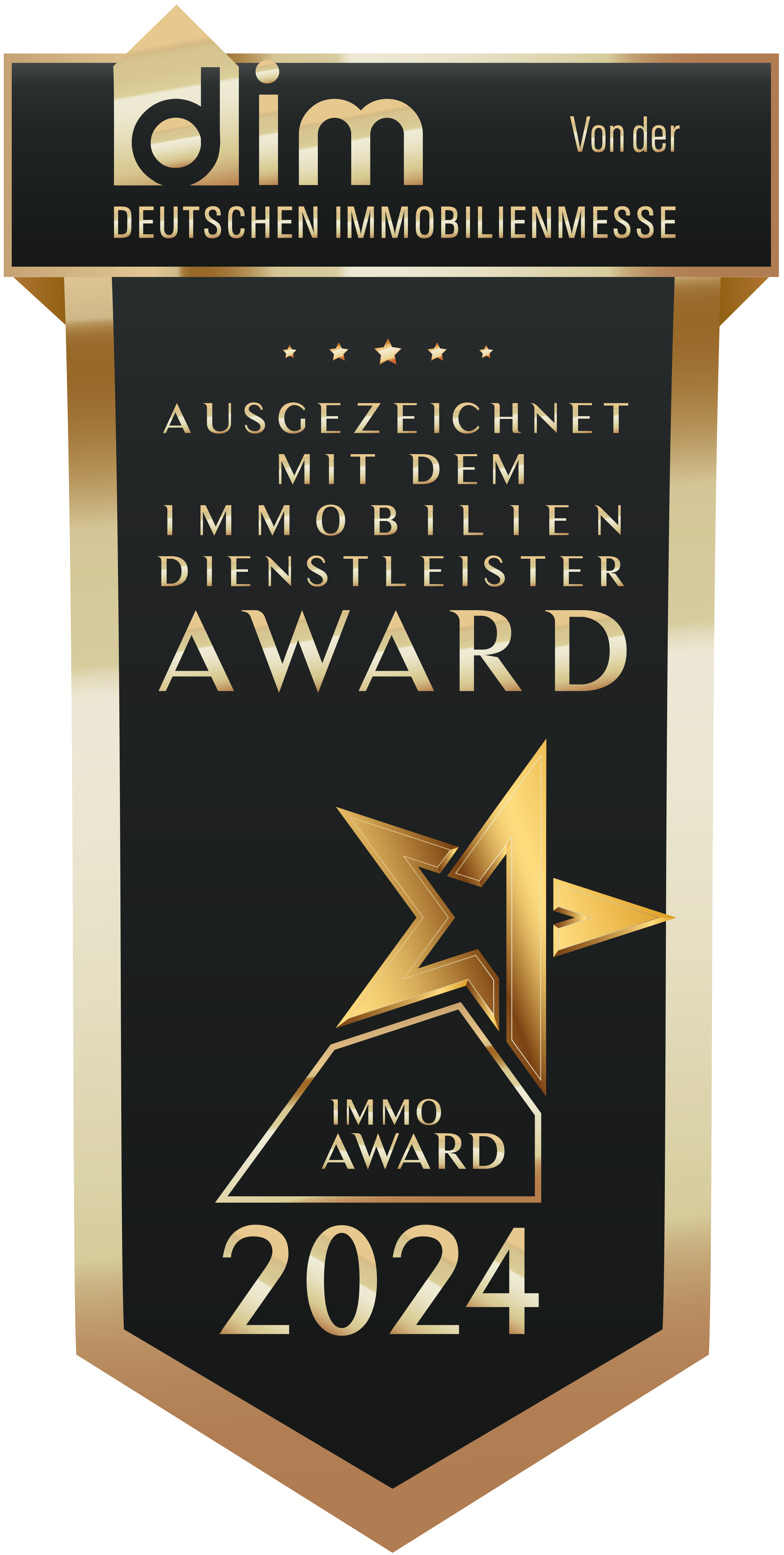 Immo Award 2024 von der Deutschen Immobilienmesse – Auszeichnung für herausragende Leistungen in der Immobilienbranche. Hausverwaltung GWB als Immobilienmakler und Hausverwalter ausgezeichnet