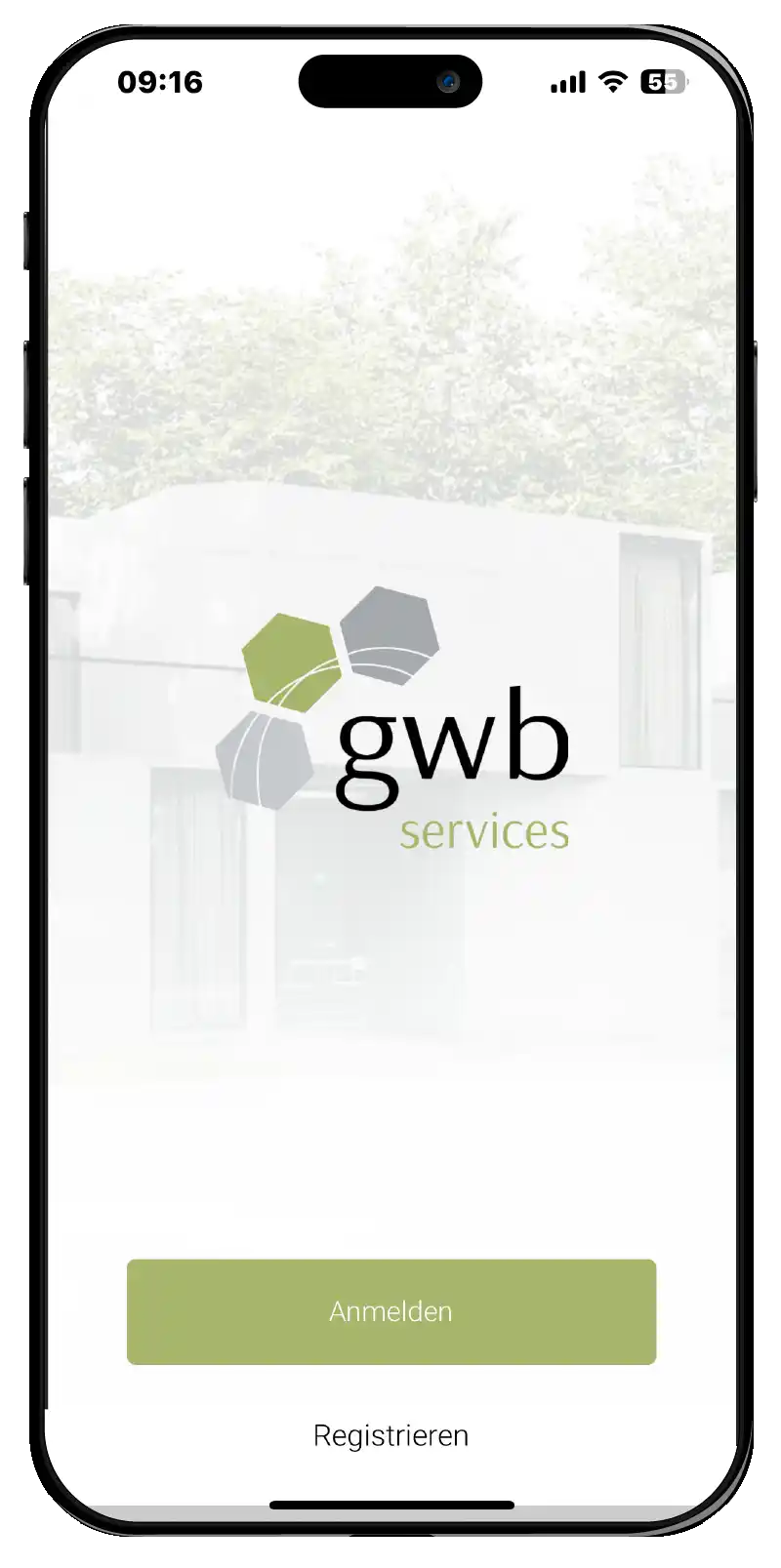 Startbildschirm der GWB Services App – Digitale Hausverwaltung und Immobilienmanagement für Mieter und Eigentümer